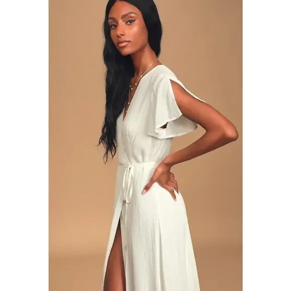 Lulus White Wrap Maxi Dress Flutter Sleeve Tie Waist Slit Boho Women’s M - Picture 5 of 15